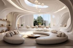 a modern living room with white furniture and large round couches in front of windows