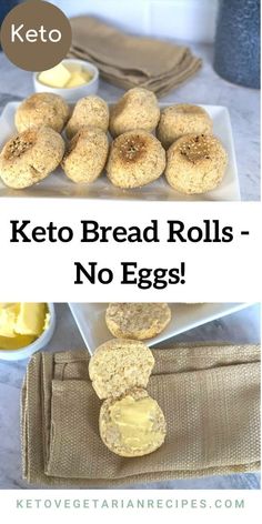 keto bread rolls - no eggs on a plate with butter in the middle and an image of egg muffins next to it