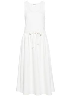 white cotton blend ribbed knit poplin texture lightweight construction ruched detailing logo patch to the front scoop neck sleeveless elasticated drawstring waistband two side inset pockets racerback flared skirt mid-length full lining White Cotton Drawstring Dress, White Cotton Dress With Drawstring, Daywear Midi Dress With Drawstring, Midi Length Dress With Drawstring For Daywear, White Dresses With Gathered Waist For Daywear, White Sleeveless Dress With Tie Fastening, Cotton Maxi Dress With Gathered Waist For Daywear, White Midi Dress With Gathered Waist For Spring, Chic White Midi Dress With Gathered Waist