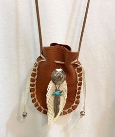 Southwestern Spirit Leather Necklace Medicine Bag - Amulet Bag - Crystal Pouch - Herb Bag - Turquoise Charm - Boho Necklace by ButterflyCreekJewels on Etsy Native American Medicine Bag, Leather Medicine Pouch, Crystal Pouch, Amulet Bag, Leather Medicine Bag, Medicine Pouch, Turquoise Charm