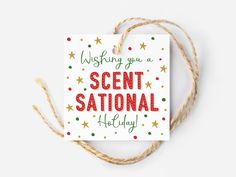 These printable "Wishing you a SCENT-SATIONAL Holiday" gift tags pair great with scented candles, soaps, lotions, perfumes, oils, potpourri, or any scented gift.  They come in 3 different sizes and will be ready to download after purchase.  Print as many times as needed!   IMPORTANT!  PLEASE NOTE: *Colors may vary from screen to printer.   *This is a digital download, no physical product will be shipped. *This is not a digitally editable product.   *For home printers: to ensure proper sizing, settings need to be set to actual size (scale to 100%) *Recommended to print on medium-heavy white cardstock. YOU WILL RECEIVE: *One PDF File that contains 6 pages in size US Letter  (11" x 8.5") You will receive two pages of each of the 3 sizes provided.  Each size has a different option for cutting. Stovetop Potpourri Gift, Candle Tags, Potpourri Gift, Holiday Scented Candles, Lotion Gift, Scented Lotion, Essential Oils Gifts, Holiday Scents, Candle Favors