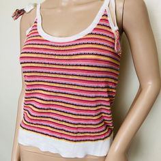 "Women's XS-S cotton acrylic 32\" bust 21\" length Fun and flirty textured summer tank top with little ties at the shoulders. In red, pink, brown and yellow knit stripe print. Light and comfy. In excellent condition with no noticeable flaws." Collar Bodysuit, Printed Peplum Top, Summer Tank Top, Yellow Knit, Red Tank Tops, Red Tank, Womens Tank Tops, Summer Tank, Summer Tank Tops