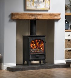 a wood burning stove in a living room