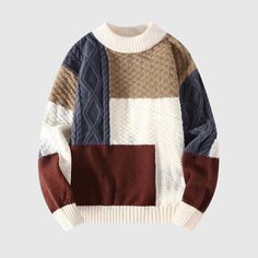 Features: Patchwork design Turtleneck style Loose fit Knit fabric Ideal for fall and winter Comfortable and warm Material: Cotton blend Casual and stylish Crew Neck Sweater Men, Sweater Streetwear, Mode Tips, Fashion Patchwork, Pullover Mode, Sweater Men, Warm Sweaters, Fleece Sweater, Basic Shirts