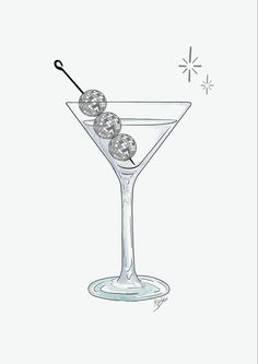 a drawing of a martini glass with three cherries in it