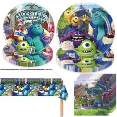 monsters birthday party supplies including plates and napkins