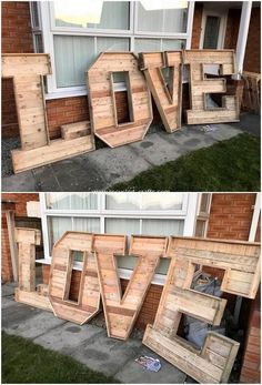 the word love is made out of wooden pallets