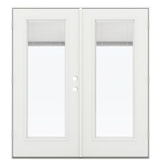 a white double door with blinds on the top and side panels, in front of a white background