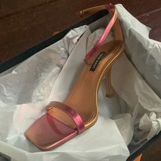 Brand New With Box Nine West Heels In 6.5. It’s A Lovely Pink Gold Ombr Shade. Pink Heels With Sculpted Heel And Square Toe, Pink Square Toe Heels With Sculpted Heel, Pink Heels With 4-inch Square Toe, Pink Square Toe Heels For Formal Occasions, Gold Glitter Heels, Pink Suede Heels, Purple Pumps, Ankle Wrap Heels, Velvet Sandals