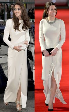 two pictures of the same woman in white dresses, one is wearing high heels and the other has long hair