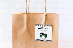 a brown paper bag with a green truck on it