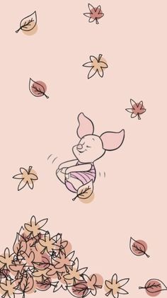 a cartoon mouse flying through the air next to some leaves and flowers on a pink background