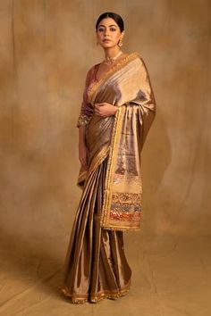 Silver silk tissue chanderi saree with handcrafted upcycled palla made with remnants of hand embroidered zardozi borders and finished with kiran. Comes with an unstitched blouse piece. - Aza Fashions Gold Silk Saree, Saree Gown, Plain Saree, Beige Silk, Silver Silk, Gown Pattern, Sketches Dresses, Indian Inspired, Blouse For Women