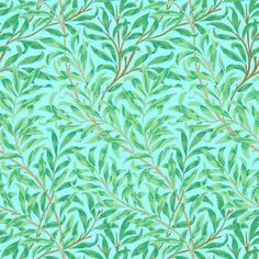 a blue and green wallpaper with leaves