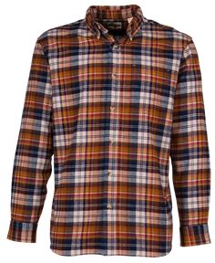 a plaid shirt with long sleeves and buttons on the chest, in brown, blue and white