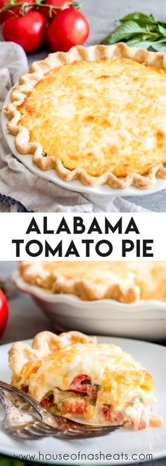 two pictures showing different types of pies on plates with tomatoes and basil in the background