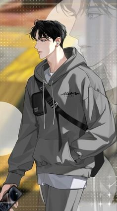 an anime character with black hair wearing a gray hoodie and holding a cell phone