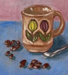 a painting of a coffee cup and beans on a blue table cloth with a spoon