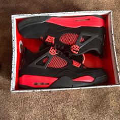 Red Thunder Jordan 4s Size 13-13.5 Barely Worn- Great Condition Red High-top Air Jordan 4 Sporty, Sporty Red High-top Air Jordan 4, Red Air Jordan 4 With Boost Midsole, Red Air Jordan 4 Sports Shoes With Round Toe, Red High-top Air Jordan 4 With Branded Insole, Red Air Jordan 4 Low-top With Red Sole, Red Low-top Air Jordan 4 Shoes, Red Low-top Air Jordan 4, Sporty Red Air Jordan 4 With Boost Midsole