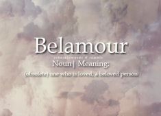 the words belamour are written in white on a purple and blue background with clouds