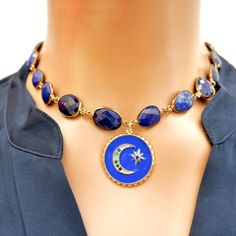 Handcrafted vintage Lapis Lazuli necklace, a gorgeous blue enamel round pendant with a moon and star in gold vermeil, vintage toggle clasp. Wear it alone or layered with other necklaces from our collection as shown in images. Lapis lazuli is one of the oldest opaque gemstones in history--more than 6,500 years! This deep blue stone includes tiny flecks of mica, like a night sky full of stars. With a name that dances on the tongue, rich history with royalty and artists, and a shimmering deep blue Moon And Star Necklace, Sky Full Of Stars, Lapis Lazuli Necklace, Sky Full, Moon And Star, Round Pendant, Toggle Clasp, Star Necklace, Blue Hues