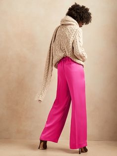 Wide-Leg Satin Pant | Banana Republic Black Sequin Pants, Satin Wide Leg Pants, Outfit Recipes, Blue Linen Pants, Satin Pant, Womens Palazzo Pants, I Am Lucky, Cropped White Jeans, Peony Pink