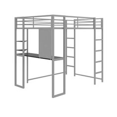 a computer desk with a metal frame and ladders on the bottom level, in front of a white background