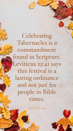 an old paper with leaves on it and the words celebrating tabernacles is a commandment found in script