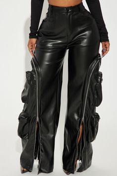 Available In Navy And Black. Faux Leather Pant High Rise Button Zipper Closure Cargo Pockets Functional Zipper Detail Wide Leg Non Stretch 100% Polyester Polyurethane Coated Imported | Barely Holdin' On Faux Leather Pant in Black size XL by Fashion Nova Leather Pant, Sweater Jumpsuit, Faux Leather Pants, Zipper Detail, Matching Dresses, Black Faux Leather, Black Pants, Black Fashion, Fashion Nova