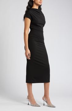 Rippled ruching shapes this sleek, sophisticated dress designed with a drapey cowl neck and slight sleeves. Cowl neck Cap sleeves Lined 95% rayon, 5% spandex Dry clean Made in the USA Formal Ruched Bodycon Dress With Short Sleeves, Black Midi Dress With Ruched Bodice For Work, Sleek Ruched Elastane Dresses, Fitted Cowl Back Midi Dress For Night Out, Black Midi Dress With Ruched Back For Formal Occasions, Ruched Midi Dress With Cowl Neck, Sleek Fitted Midi Dress With Ruched Detail, Fitted Cowl Neck Midi Dress, Black Formal Midi Dress With Ruched Back