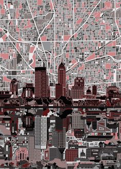 a city map with red and gray buildings