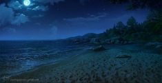 a full moon is shining over the ocean on a beach at night with waves coming in