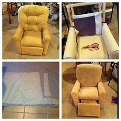 four pictures of recliners and chairs in various stages of being made with fabric