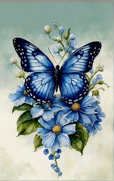 a blue butterfly sitting on top of flowers