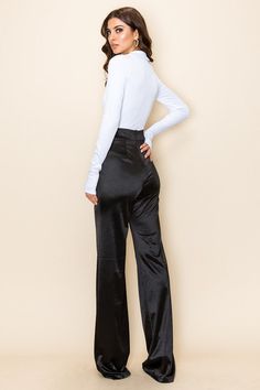 Satin stretch high-waisted, wide-legged pants with back zipper and a pintuck seam. 33" inch inseam. Clear Mules, Stretch Satin Fabric, Dinner Dates, Confident Style, Dressy Pants, Statement Accessories, Satin Pants, Leg Stretching, Stretch Satin