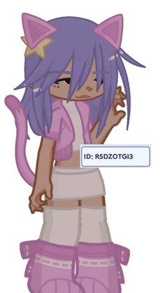 an anime character with purple hair and cat ears, holding her hand up to the side