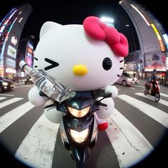 a person on a motorcycle with a hello kitty stuffed animal