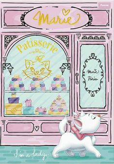 a drawing of a white cat in front of a store with cakes and cupcakes