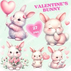 valentine's bunny clipart set with hearts, flowers and bunnies in pastel colors