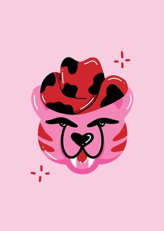 Pink and red tiger wearing a cow print cowboy hat. Arte Hippy, Tiger Art Print, Tiger Sticker, Illustration Rose, Red Tiger, Traditional Tattoo Flash, Graphic Design Fonts, Tiger Art, Picture Collage Wall