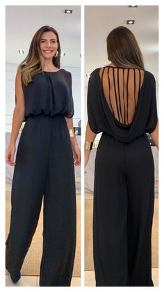 👗This backless jumpsuit features wide-leg pants, our signature sleeveless design, and an elastic waistband to perfectly accentuate your figure. It's the perfect choice for any fashion occasion. Stand out with beauty and confidence! 🥰 Stretch Backless Solid Color Jumpsuit/romper, Elegant Black V-neck Strapless Jumpsuit, Elegant V-neck Jumpsuit With Button Closure, Black High Stretch Backless Jumpsuit/romper, Chic Black Non-stretch Jumpsuit/romper, Backless Jumpsuit, Casual Jumpsuit, Leg Pants, Wide Leg Pants