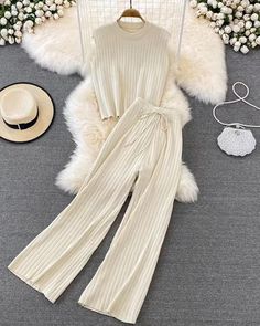 white Casual Ribbed Sets For Spring, Casual Cream Sets For Spring, Casual Stretch White Sets, Casual White Stretch Sets, White Stretch Casual Sets, Casual Cream Sets For Fall, White Casual Sets For Spring, Casual White Spring Sets, White Ribbed Pants For Spring