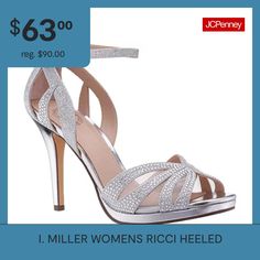 These I. Miller Ricci women's heeled sandals are a glam sparkling style to complete your next special event look. Made from a glittery fabric embellished with rhinestones, this open-toe strappy pair has a 3.75-inch stiletto heel and an ankle strap closure. Wear them with a gown or cocktail dress. Closure Type: BuckleShoe Heel Height: 3 3/4 InchesUpper/Outer Base Material: 100% SyntheticShoe Lining Material: SyntheticSole Material Content: 100% Composition LeatherToe Type: Open Toe, Pointed ToeS… Heeled Sandals, Womens Heels, Stiletto Heel, Special Event, Special Events, Ankle Strap, Stiletto Heels, Open Toe, Sandals Heels