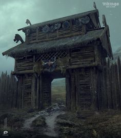 an old wooden building with animals on the roof