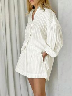 Sleeve Shirt Outfit, Cotton Pajamas Women, Shorts Sets, Two Piece Short Set, Stripe Outfits, Summer Stripes, Loose Outfit, Elastic Waist Shorts, Blouse Outfit