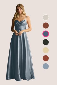 a woman in a long blue dress standing next to different color swatches and colors