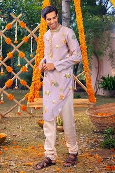 Lilac chanderi kurta with all over contrast Mughal palace print and multi color thread embroidered mandarin collar. Paired with contrast gathered churidar. - Aza Fashions Traditional Designer Wear Sherwani With Printed Motifs, Designer Sherwani With Printed Motifs For Festive Occasions, Eid Designer Bandhgala With Printed Motifs, Festive Chanderi Sherwani With Printed Motifs, Festival Chanderi Sherwani With Printed Motifs, Traditional Sherwani With Printed Motifs, Navratri Sherwani With Printed Motifs, Traditional Bandhgala With Printed Motifs For Festive Occasions, Unstitched Festive Sherwani With Printed Motifs