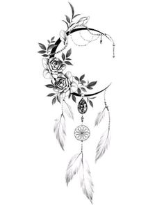 a black and white drawing of a dream catcher with roses on it's side