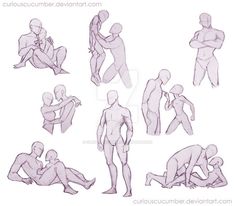 a bunch of sketches of people sitting and standing in different positions, with one holding the other