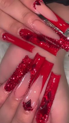 ᴘɪɴ: @ʟᴍᴜɴᴇʏʏ | Acrylic nails, Red nails, Long square acrylic nails Red Nails Long, Nails Long Square, Quinceanera Nails, Red Acrylic Nails, Long Acrylic Nail Designs, Nails Design With Rhinestones, Glow Nails, Long Acrylic Nails Coffin, Nails Red